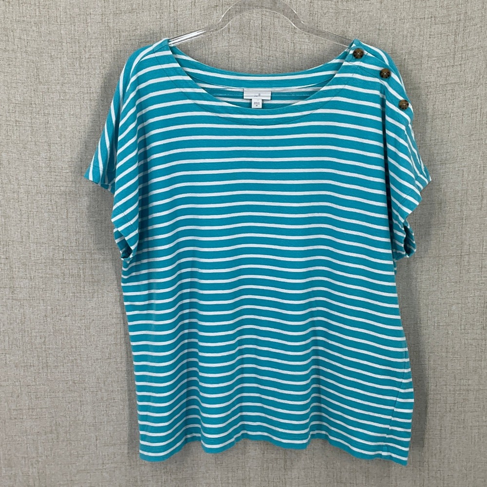 J.Jill Striped Top Women 2X Teal Cotton Button Shoulder Coastal Nautical Resort